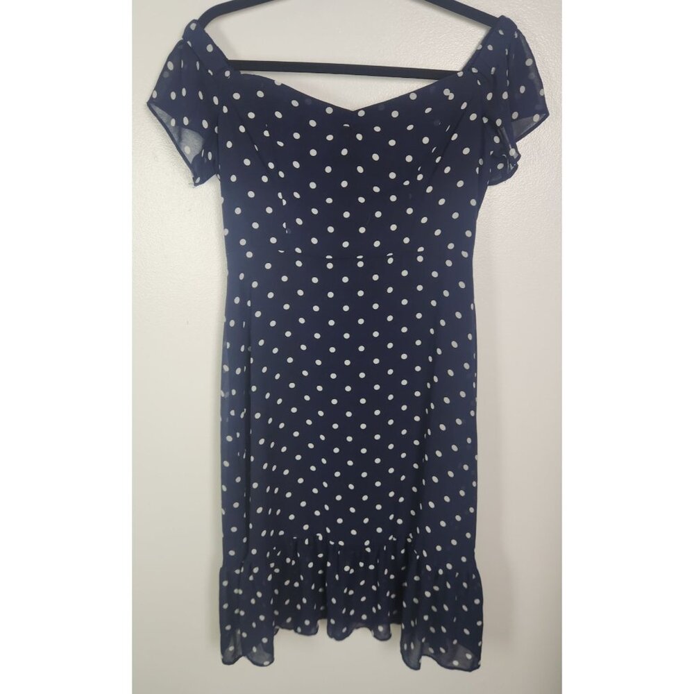 Lulus Women's Sz. L Navy & White Polka Dot Cap Sleeve Midi Dress